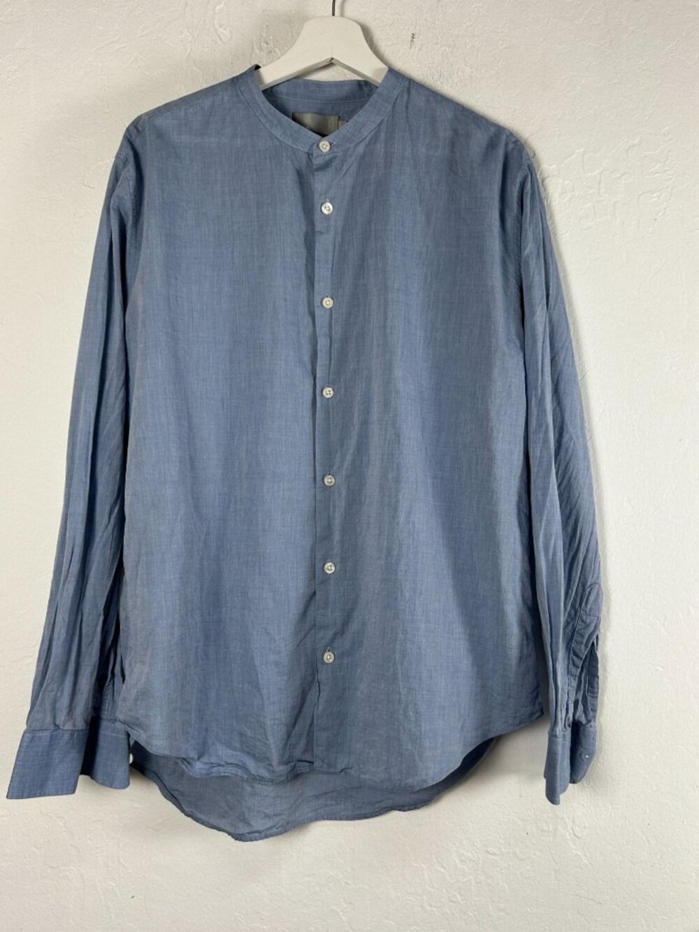 Vince Mens Blue Mandarin Collar Button-Up Shirt Large Long Sleeve Cotton Casual